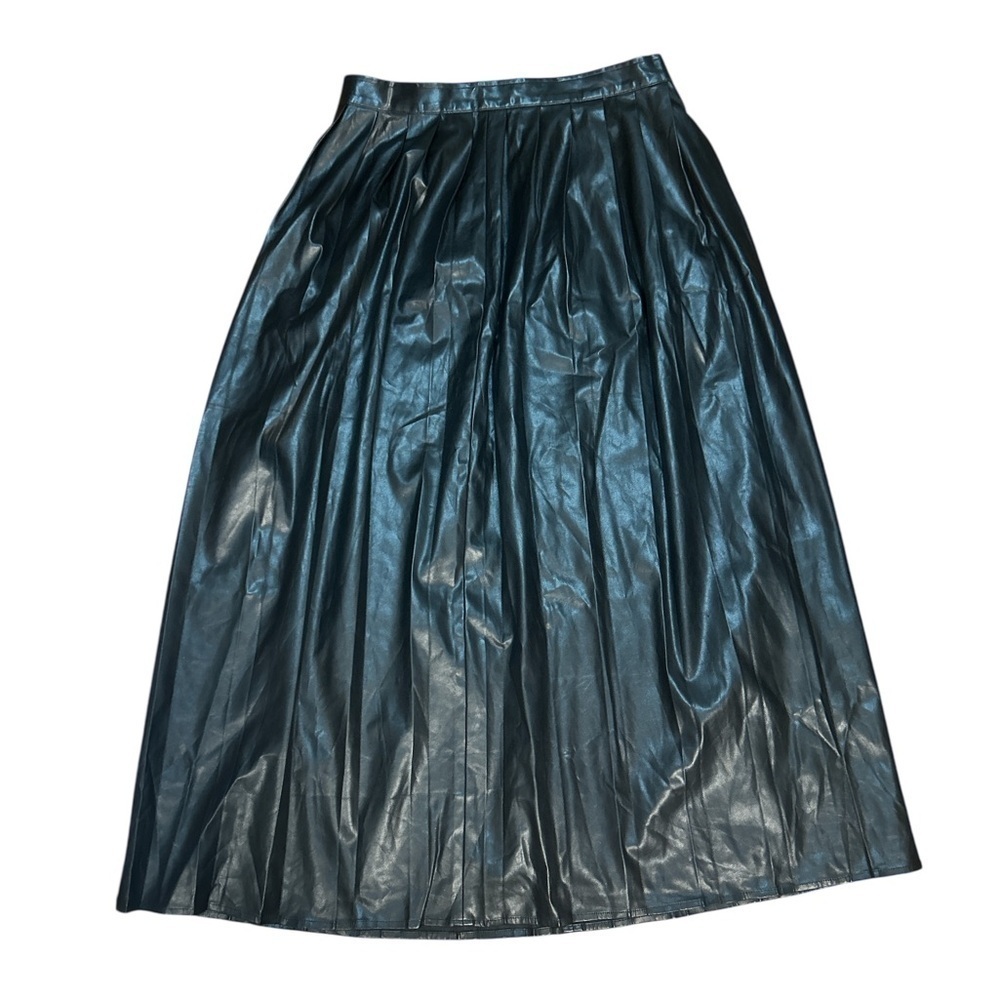 NWT Misook Vegan Leather Pleated Midi Skirt Black XS 28” Waist Faux Leather - Picture 2 of 6